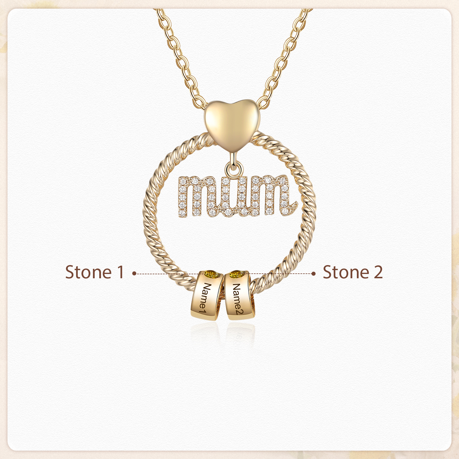 Personalized Circle Necklace With 2 Birthstones Pendant Engraved Names Gift For Mum