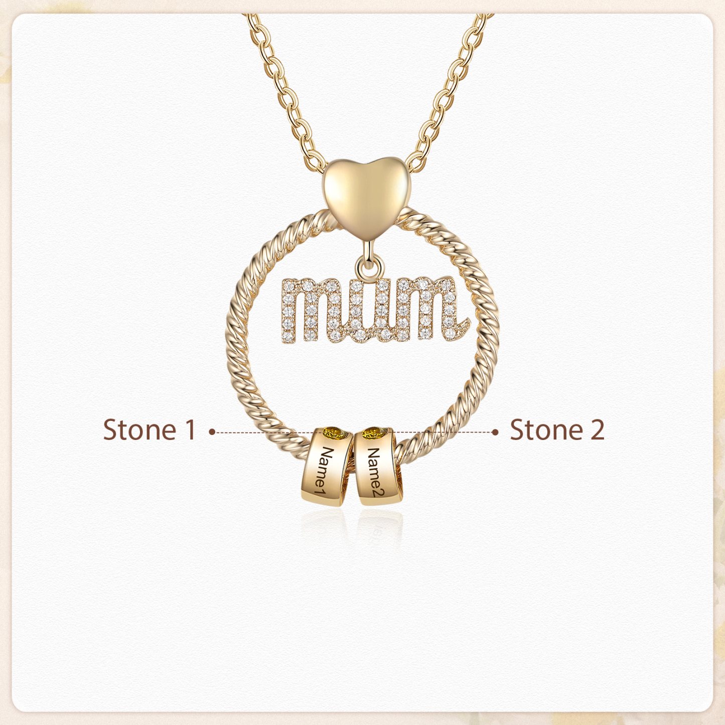 Personalized Circle Necklace With 2 Birthstones Pendant Engraved Names Gift For Mum