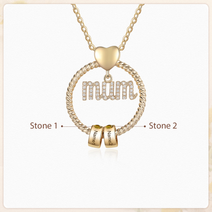 Personalized Circle Necklace With 2 Birthstones Pendant Engraved Names Gift For Mum