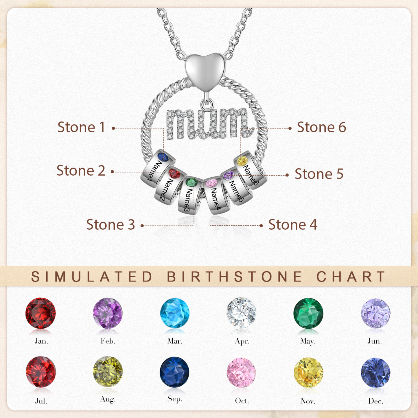 Personalized Circle Necklace With 6 Birthstones Pendant Engraved Names Gift For Mum