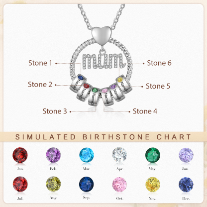 Personalized Circle Necklace With 6 Birthstones Pendant Engraved Names Gift For Mum
