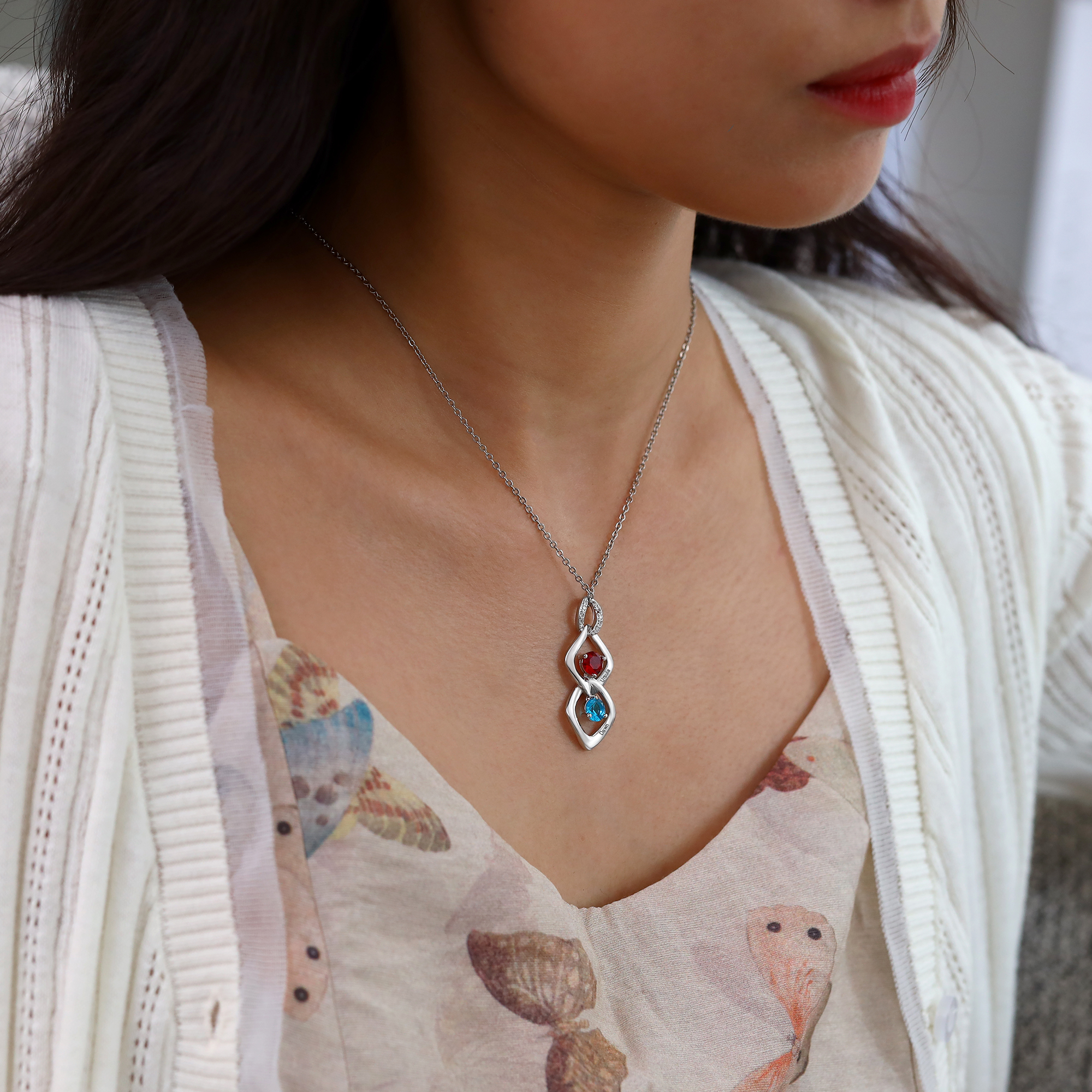 2 Names - Personalized Birthstone Necklace With Name Engraved For A Special Gift For Mom/Grandma