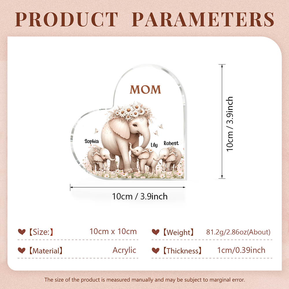 3 Names-Personalized Elephant Acrylic Heart Keepsake Custom Text Acrylic Plaque Ornaments Gifts for Mom