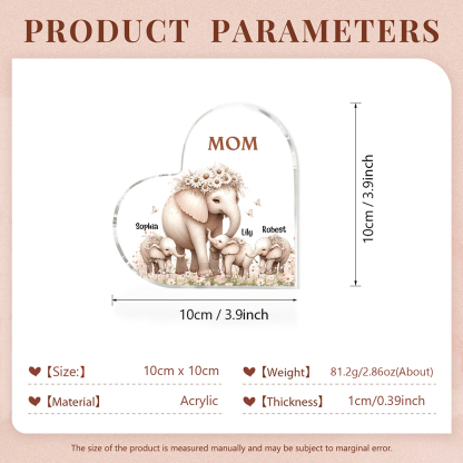 3 Names-Personalized Elephant Acrylic Heart Keepsake Custom Text Acrylic Plaque Ornaments Gifts for Mom