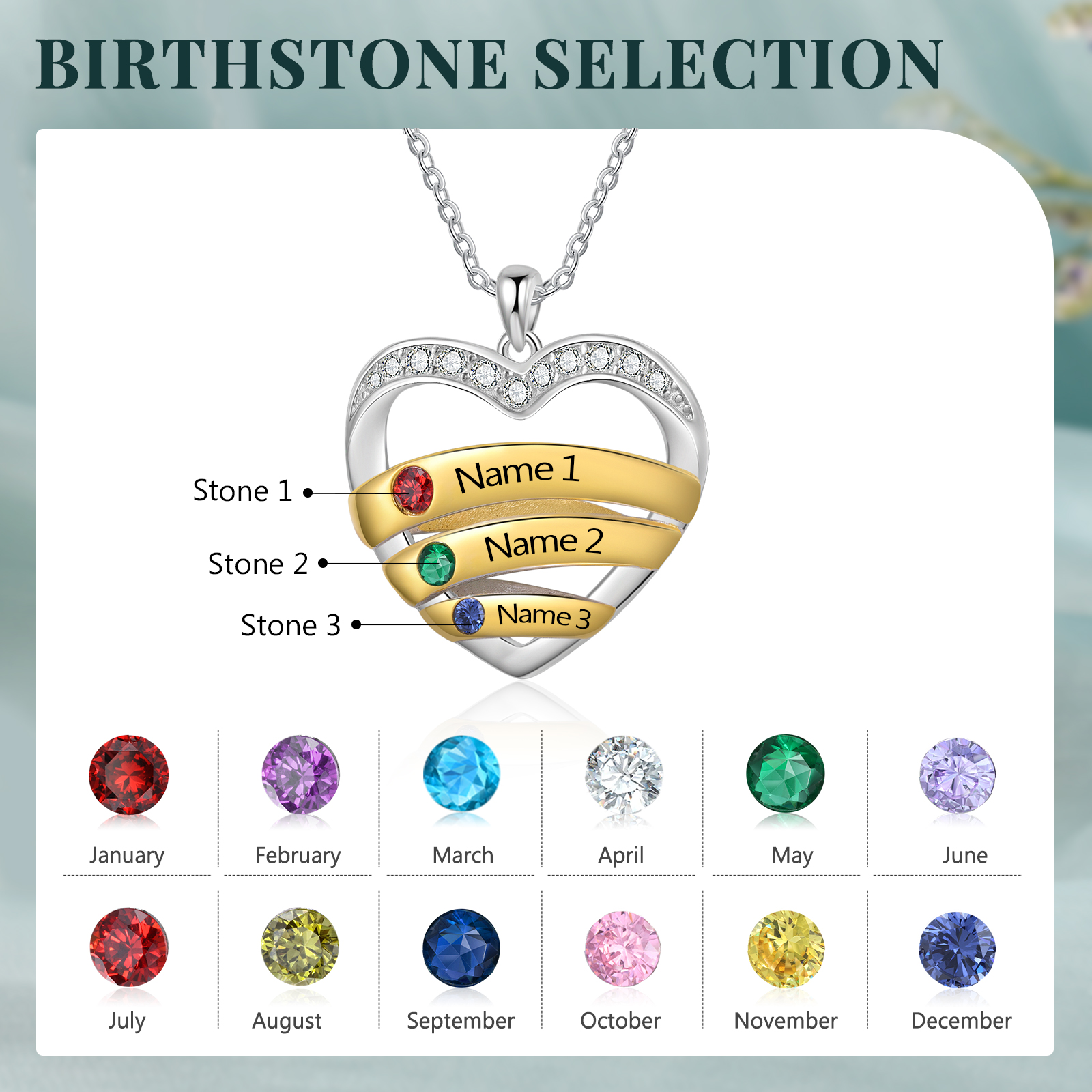 3 Names - Personalized Beautiful Heart Necklace with Custom Name and Birthstone, As a Mother's Day Gift for Mom