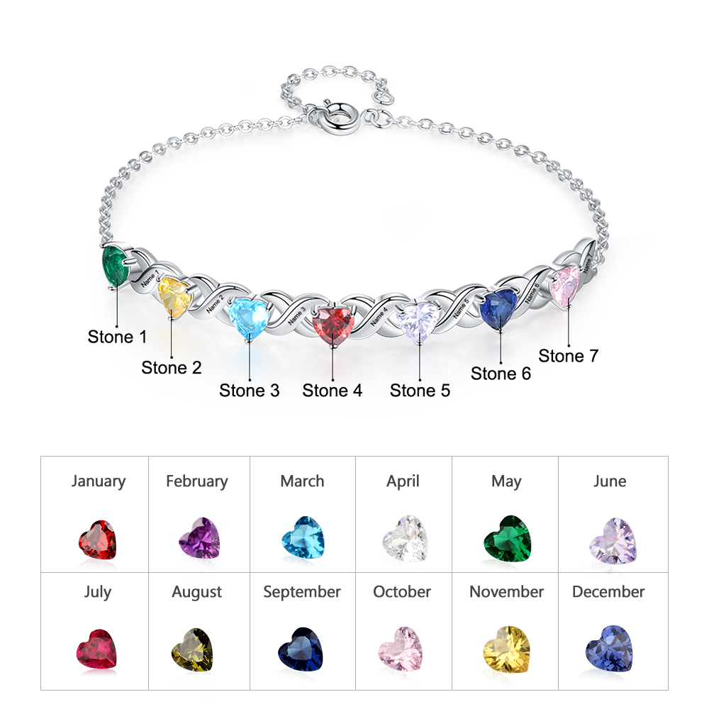 Personalized Heart Bracelet Customized With 7 Names and 7 Birthstones Family Bracelet Gift for Grandma | Jessmade