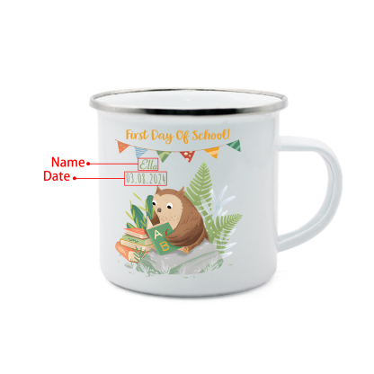 Personalized Name And Date Enamel Mug Children'S Owl Pattern Back To School Gift For Kid