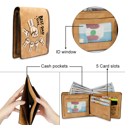 6 Names - Personalized Fist Bump Pattern Custom Text Leather Men's Wallet as a Father's Day Gift for Dad