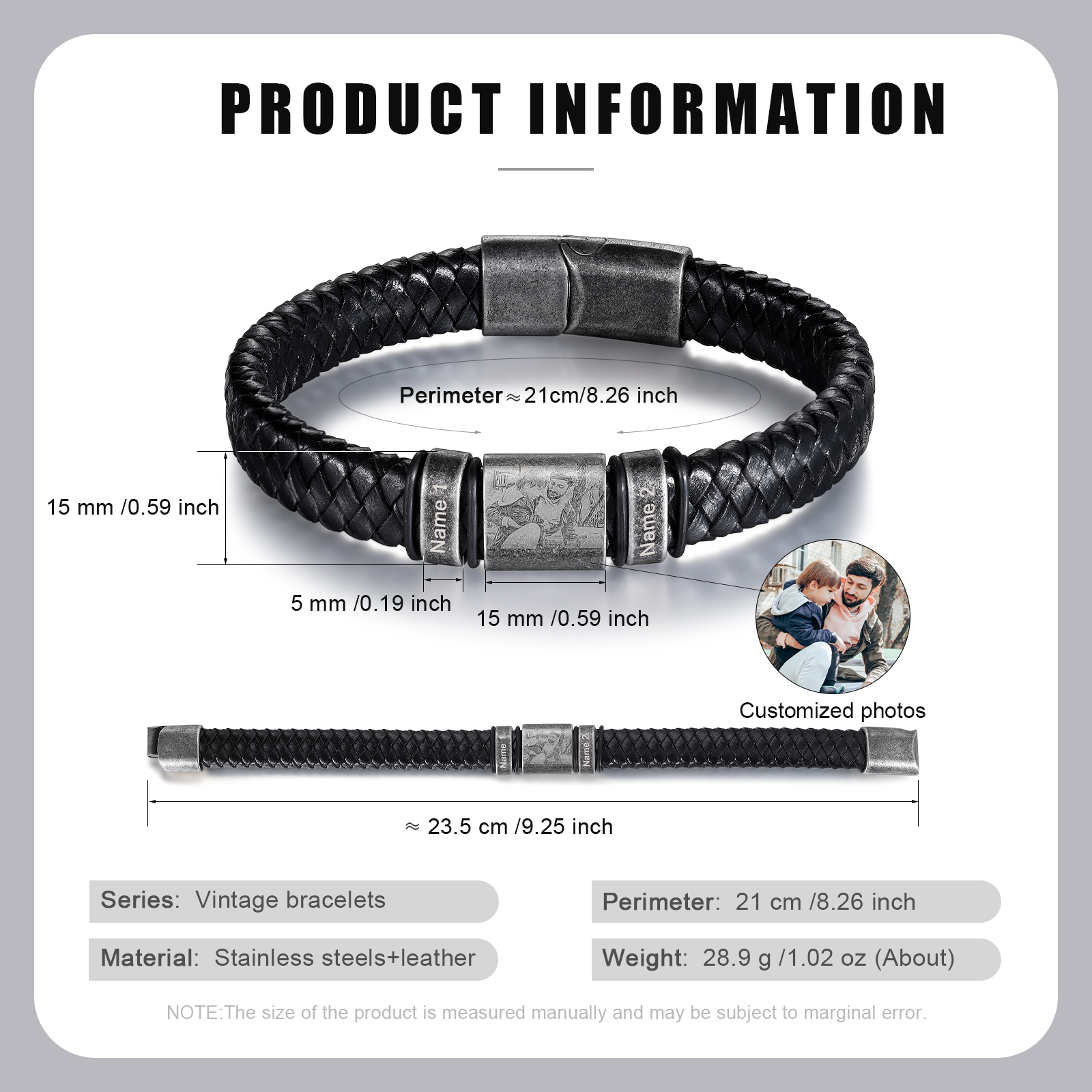 2 Names-Vintage Men's Bracelet Engraved Beads Custom Photo Leather Bracelet Gift for Him