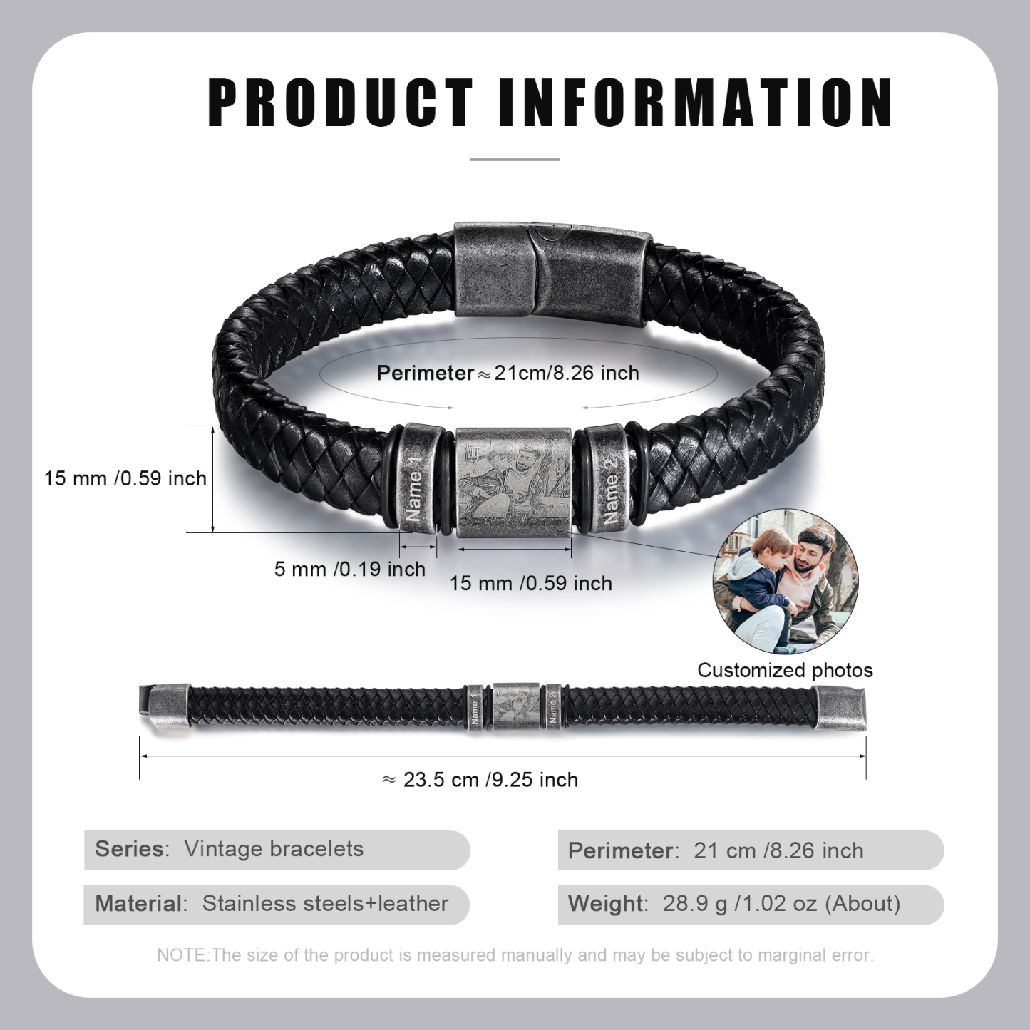 2 Names-Vintage Men's Bracelet Engraved Beads Custom Photo Leather Bracelet Gift for Him