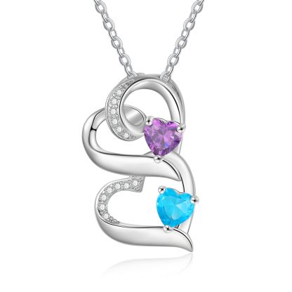 Personalised Heart Necklace with Custom 2 Names & 2 Birthstones – 925 Sterling Silver Double Heart Design – Valentine’s Day Gift for Her | Jessemade
