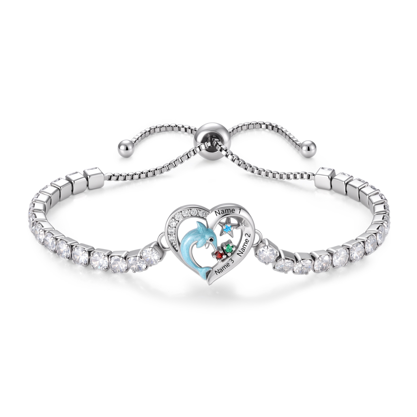 Personalized Dolphin Heart Bracelet with 2–5 Names & Birthstones for Women