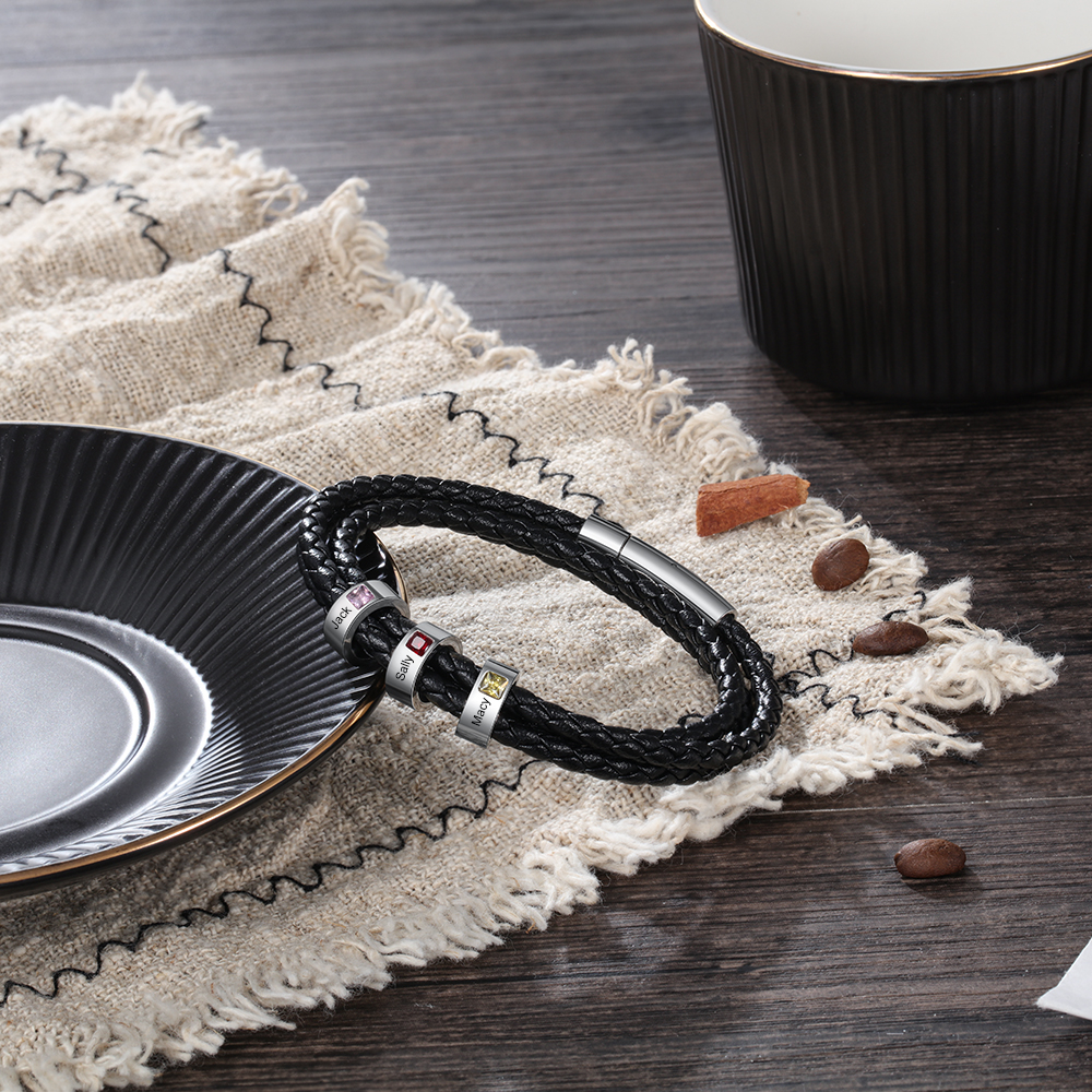 Personalized 3 Layer Leather Bracelet with 4 Beads Engraved Names Men's Bracelets for Him