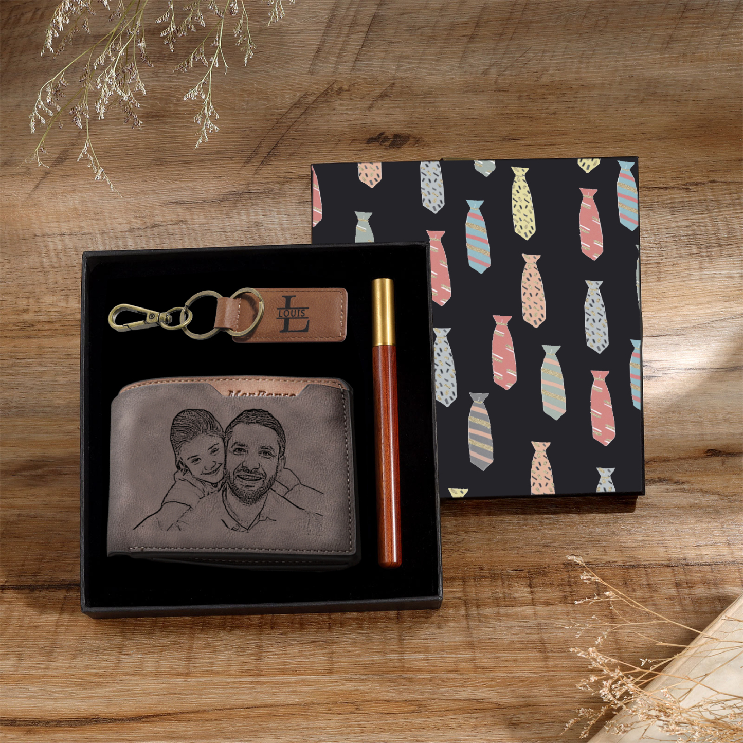 Personalized Leather Wallet Gift Box Set with Letter Name Keychain Customizable Photo and Text Wallet Gift for Him