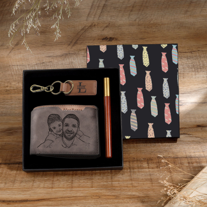 Personalized Leather Wallet Gift Box Set with Letter Name Keychain Customizable Photo and Text Wallet Gift for Him