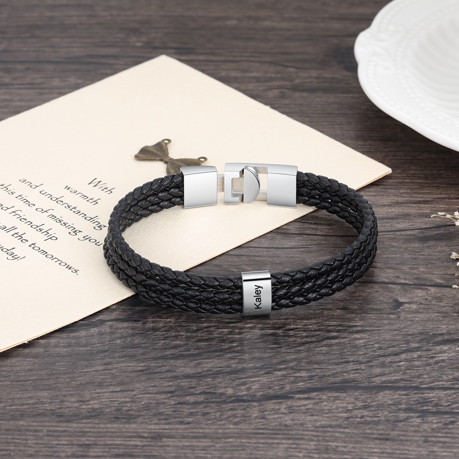 Personalized Braided Leather Bracelet Engraved 1 Name Men's Bracelet Gifts For Him