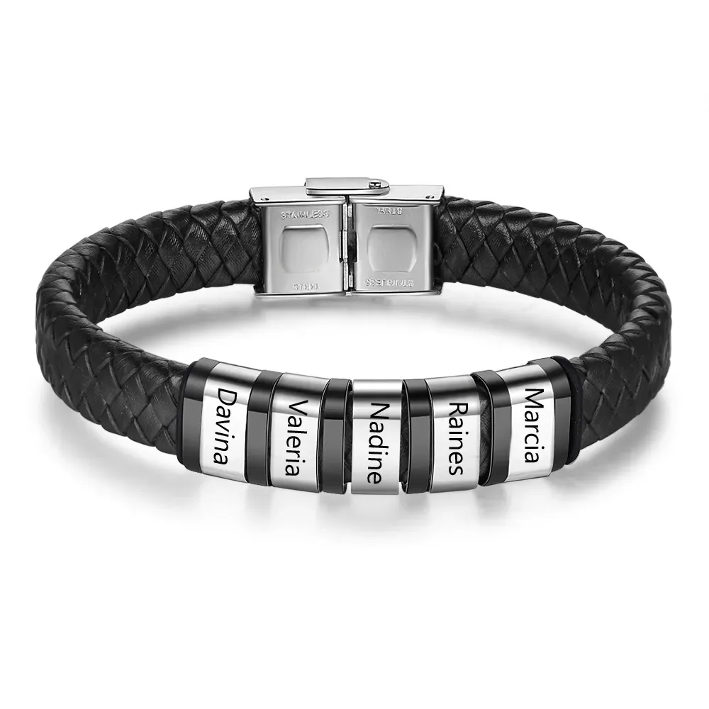 6 Names-Personalized Braided Leather Bracelet Custom Men's Bracelet Engraved 6 Names for Him