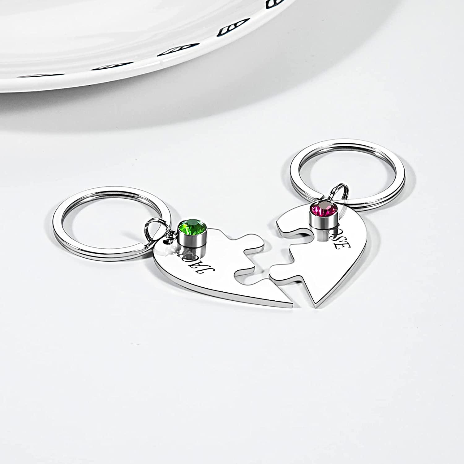Personalized 2 Names Heart Puzzle Keychain with Birthstones Gifts for Family