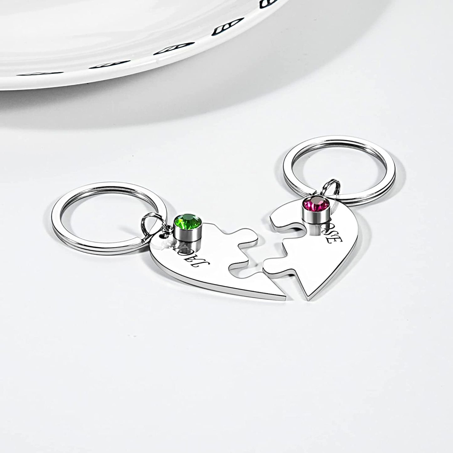 Personalized 2 Names Heart Puzzle Keychain with Birthstones Gifts for Family