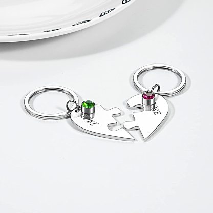 Personalized 2 Names Heart Puzzle Keychain with Birthstones Gifts for Family