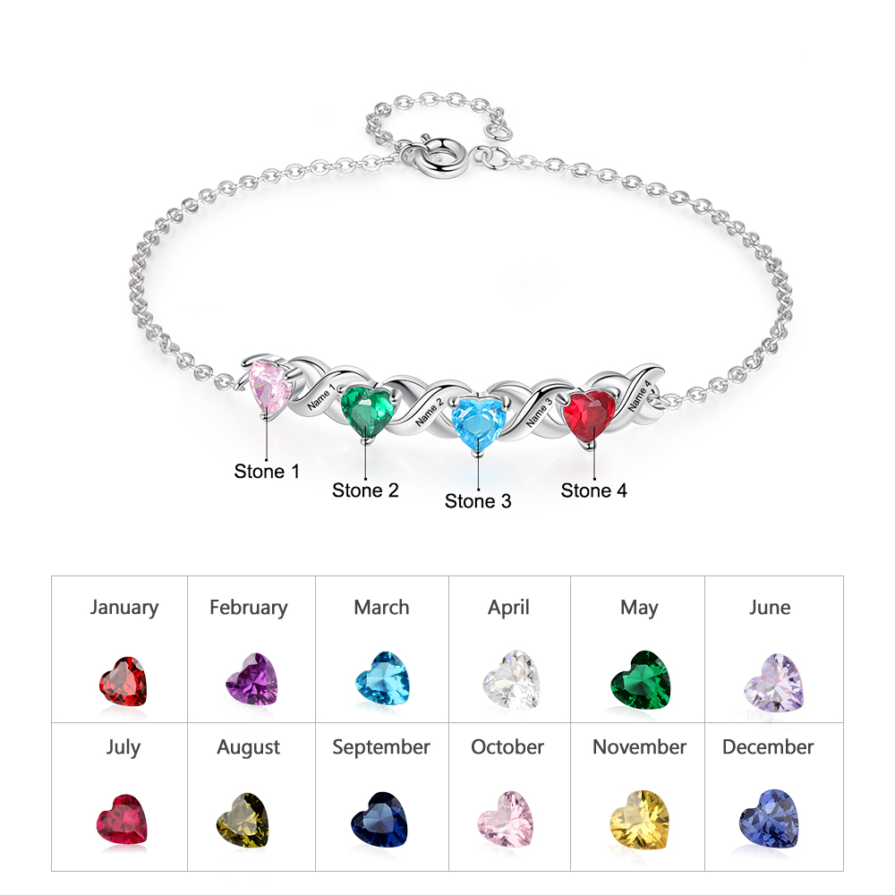 Personalized Heart Bracelet Customized With 4 Names and 4 Birthstones Family Bracelet Gift for Grandma | Jeesmade