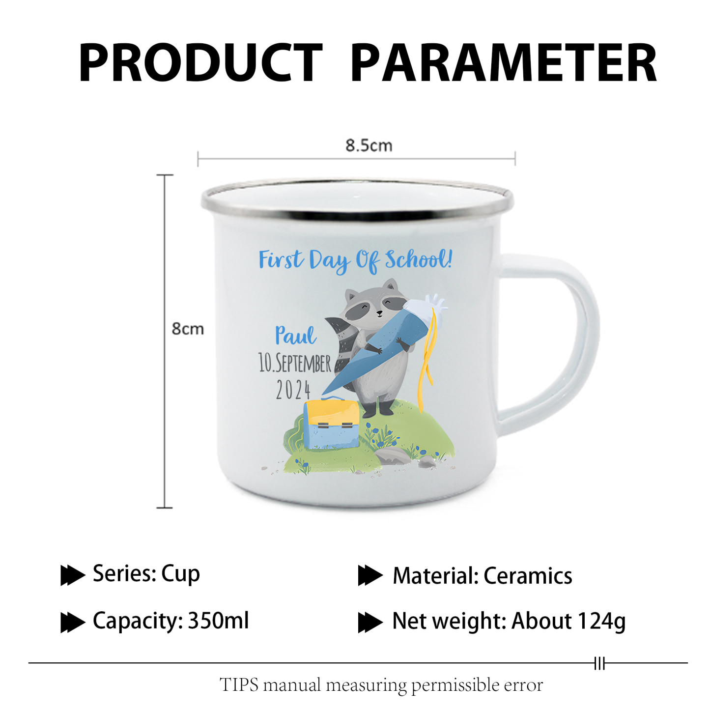 Personalized Name And Date Enamel Mug Children'S Raccoon Pattern Back To School Gift For Kid