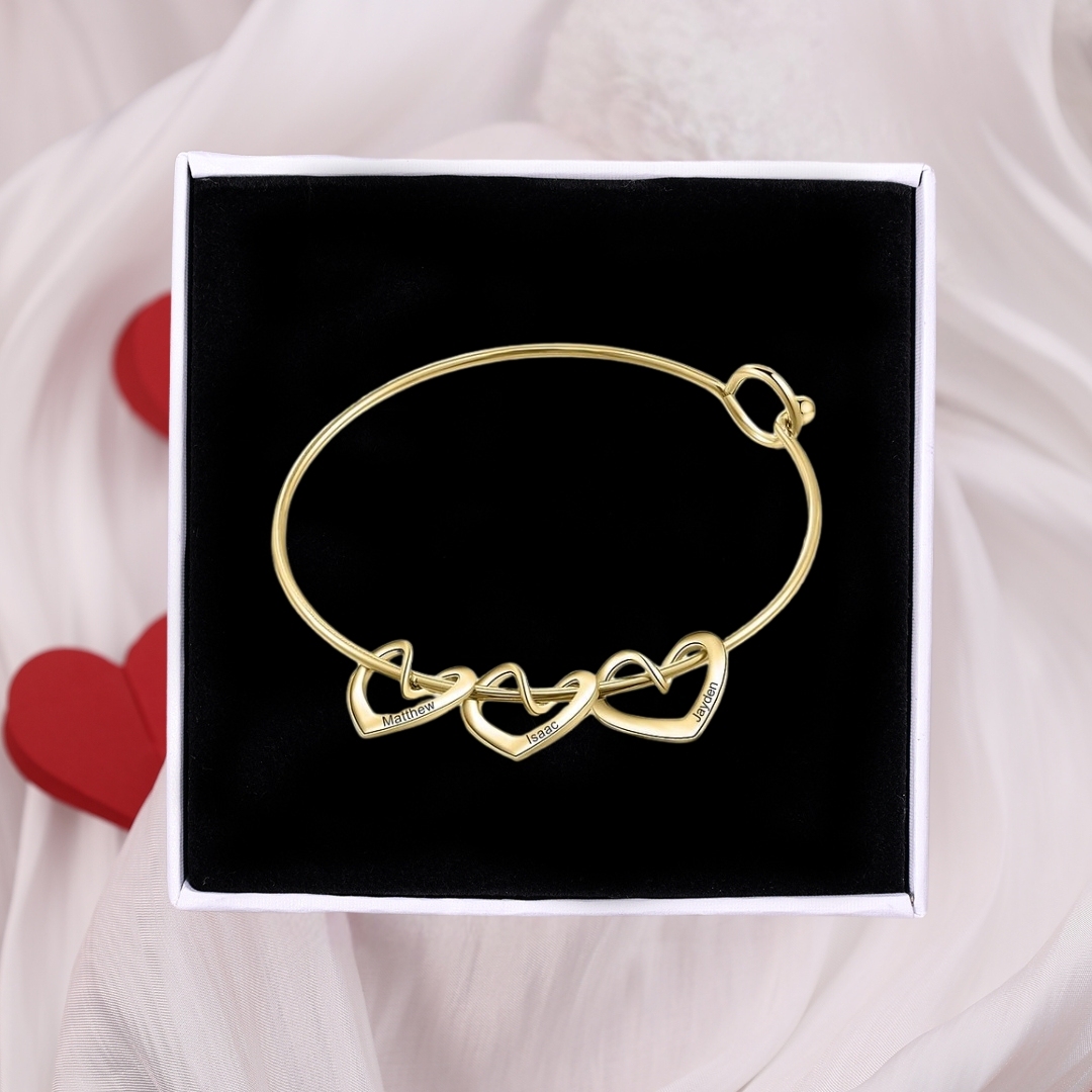 3 Names-Personalized Love Bracelet with 3 Heart Charms Engraved Name Bangle Bracelet