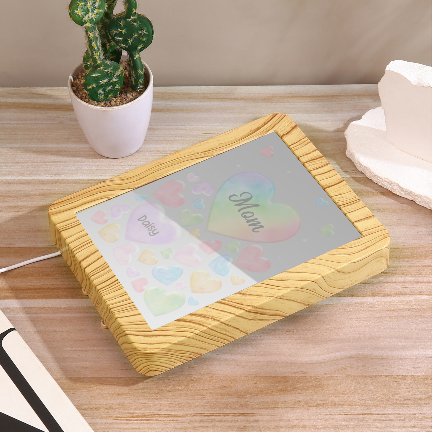 1 Name - Personalized Mom Home Wood Color Plug-in Mirror Photo Frame Custom Text LED Night Light Gift for Mom