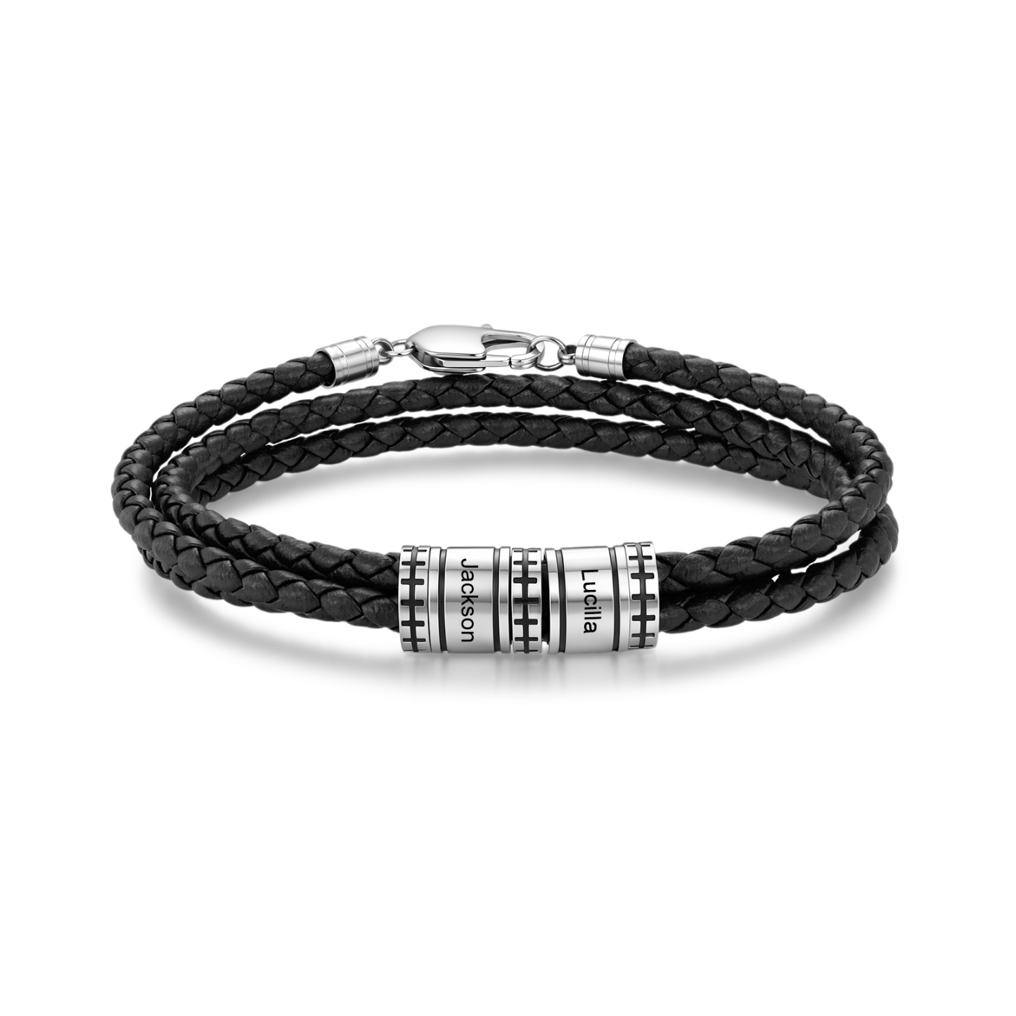 Personalized Men’s Braided Leather Bracelet Engraved Beads with 1 to 6 Names
