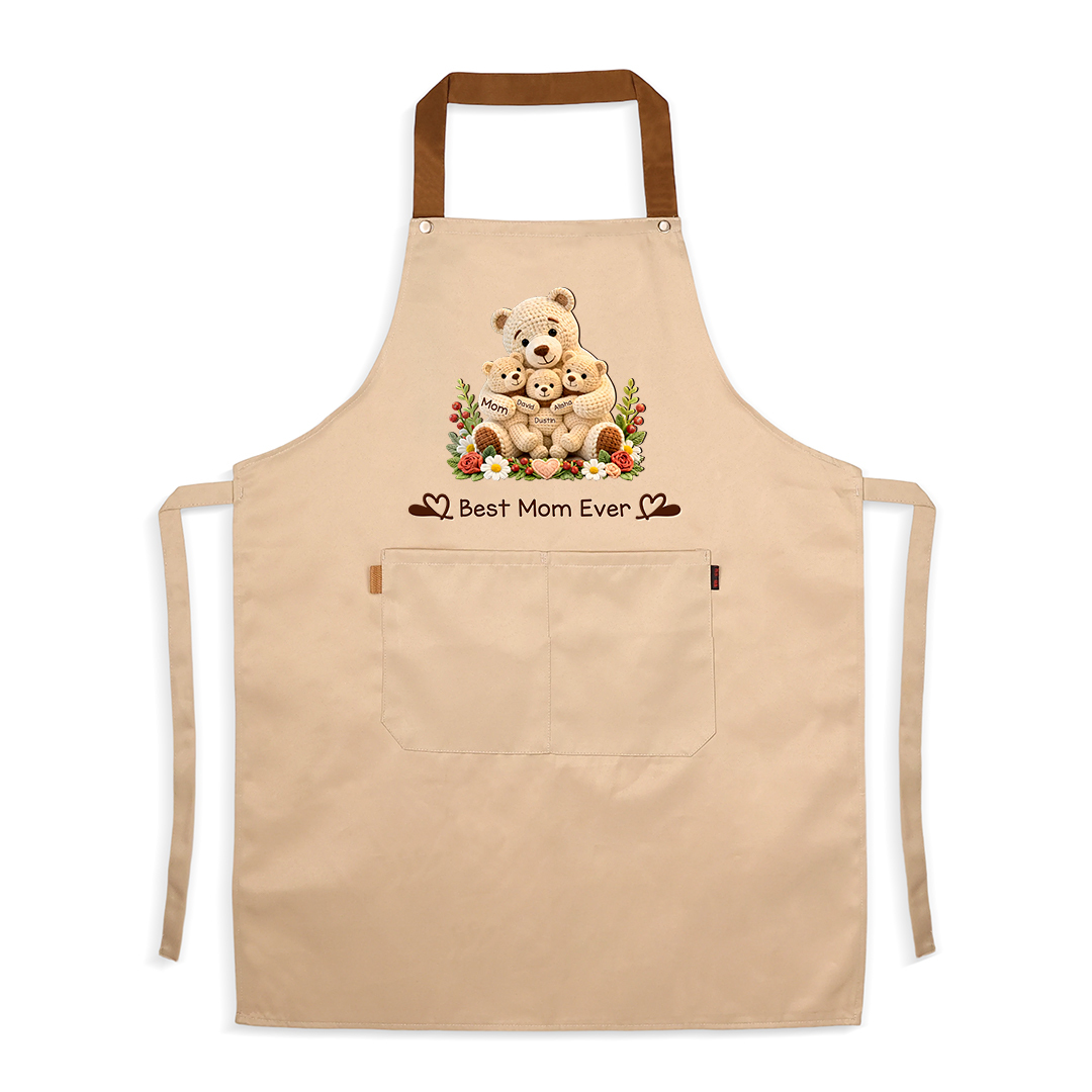 Personalized Cooking Apron With Pocket Customized With 1-10 Names And Teddy Bear