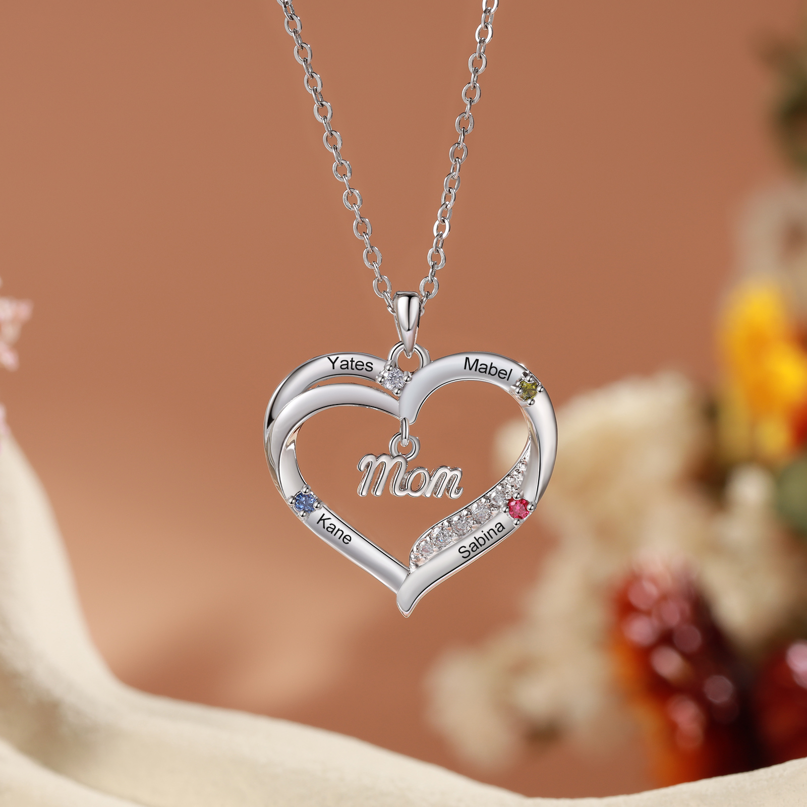 Personalized Mom Heart Necklace with 2–5 Kids Names and Birthstones