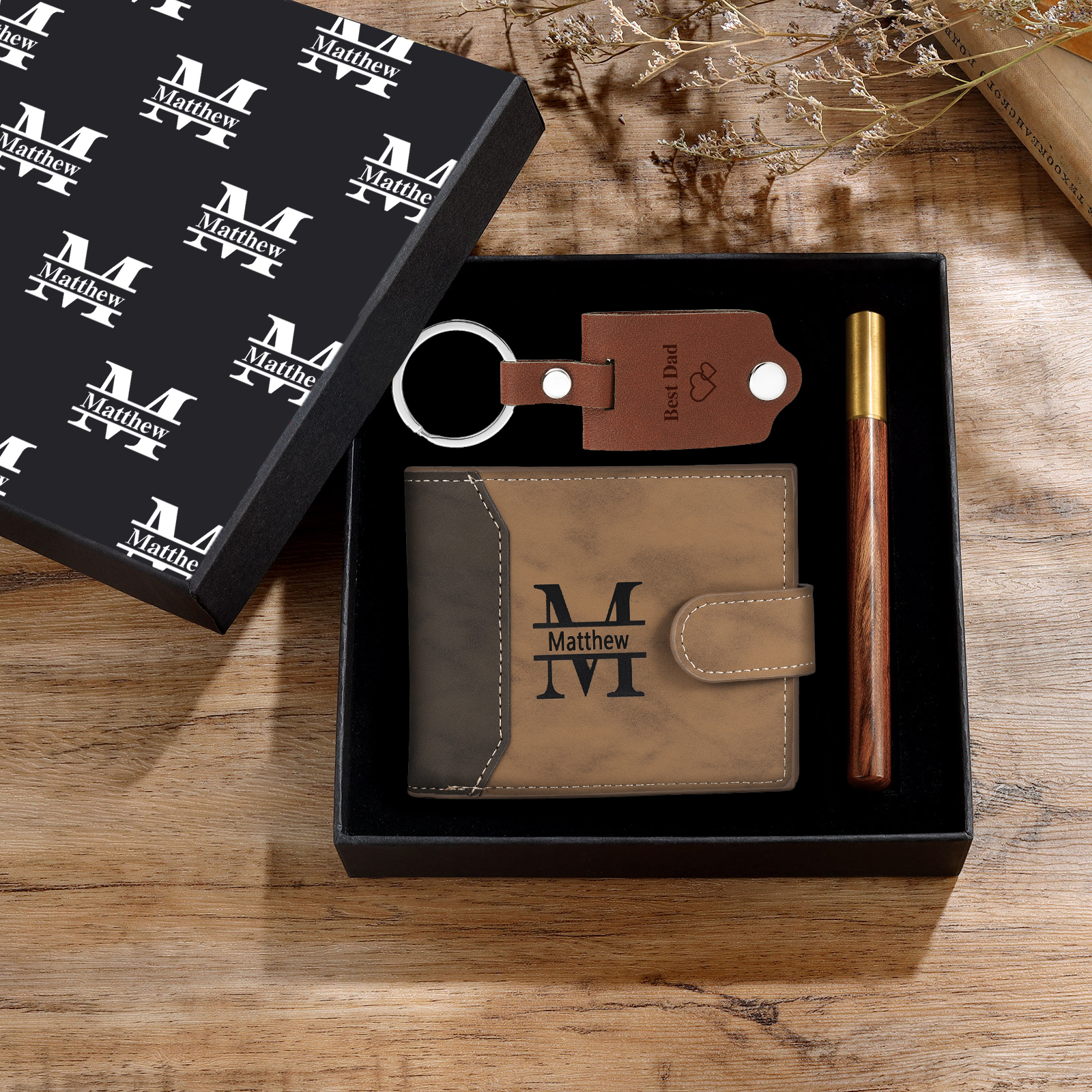 Personalized Leather Wallet Gift Box Set with Keychain Customizable Photo,Text ,Name and Letter Wallet Gift for Him
