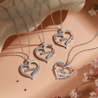 Personalized Mom Heart Necklace with 2–5 Kids Names and Birthstones