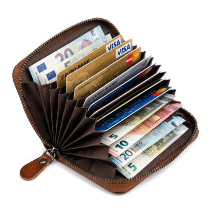 Personalized Genuine Leather Zip Card Holder Multiple Compartments with 9 Designs to Choose From