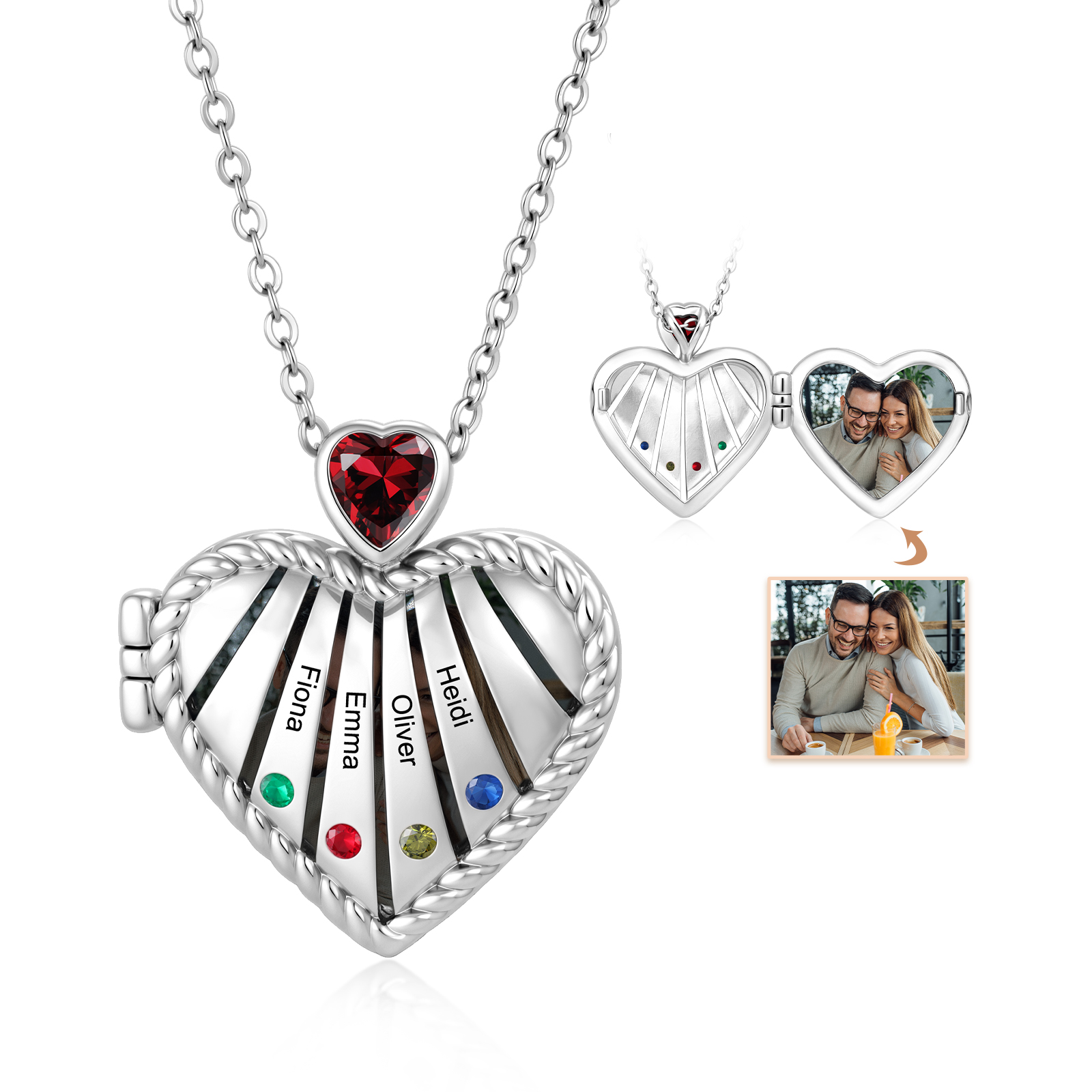 Personalized Heart Locket Birthstone Photo Necklace Custom with 1-6 Names Birthstones