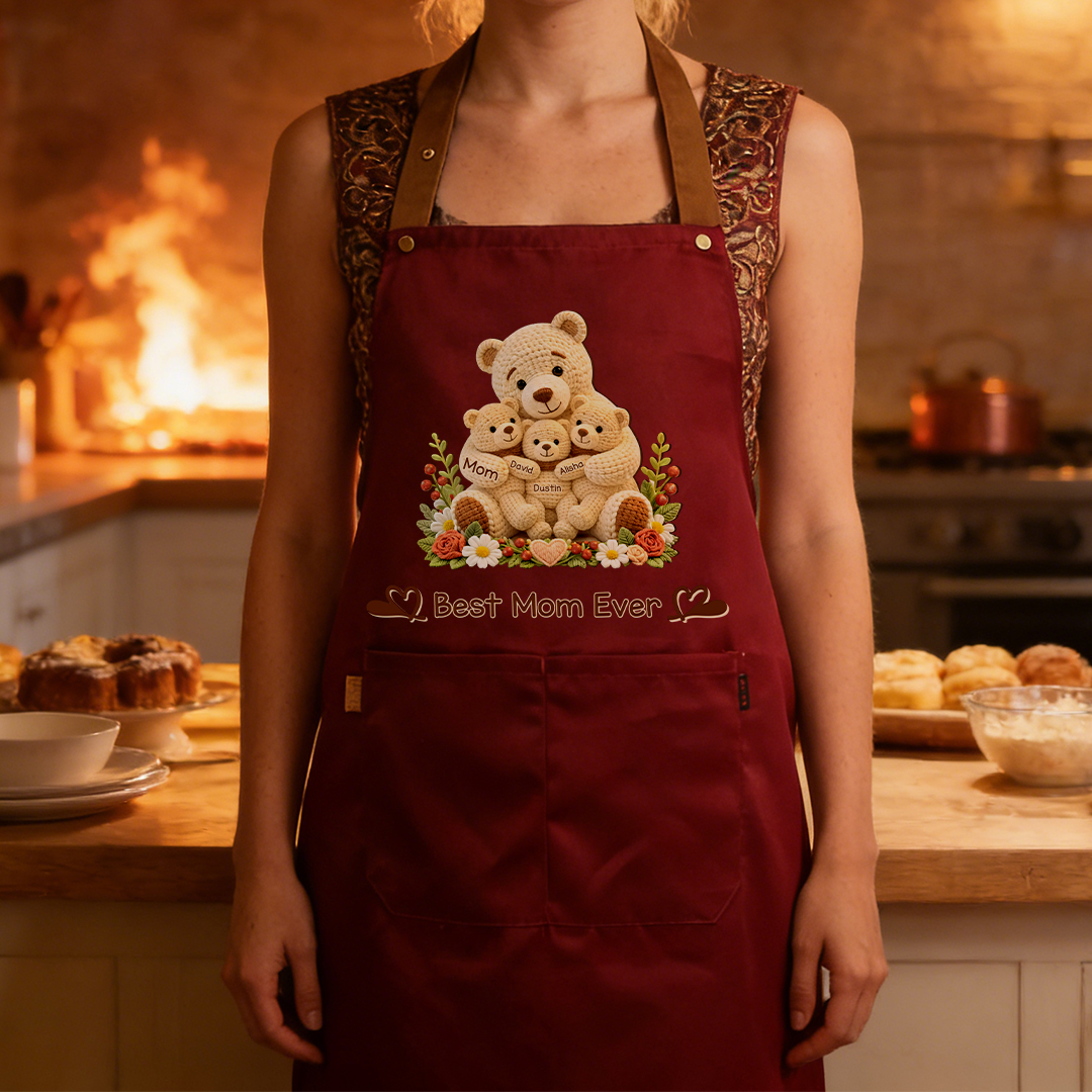 Personalized Cooking Apron With Pocket Customized With 1-10 Names And Teddy Bear
