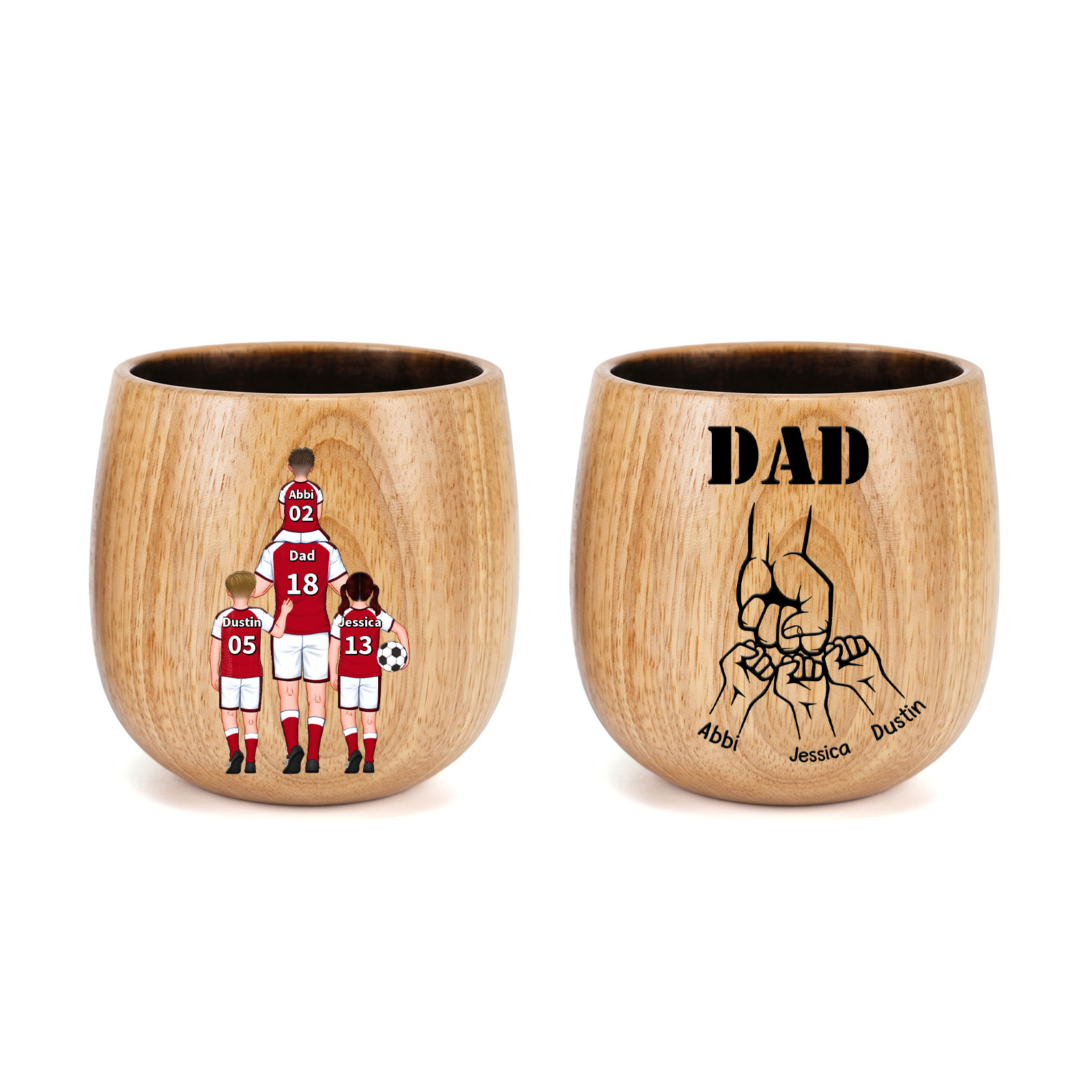Personalized Wooden Whiskey Tumbler Cup for Dad Customized with 1–5 Kids Names Football Family