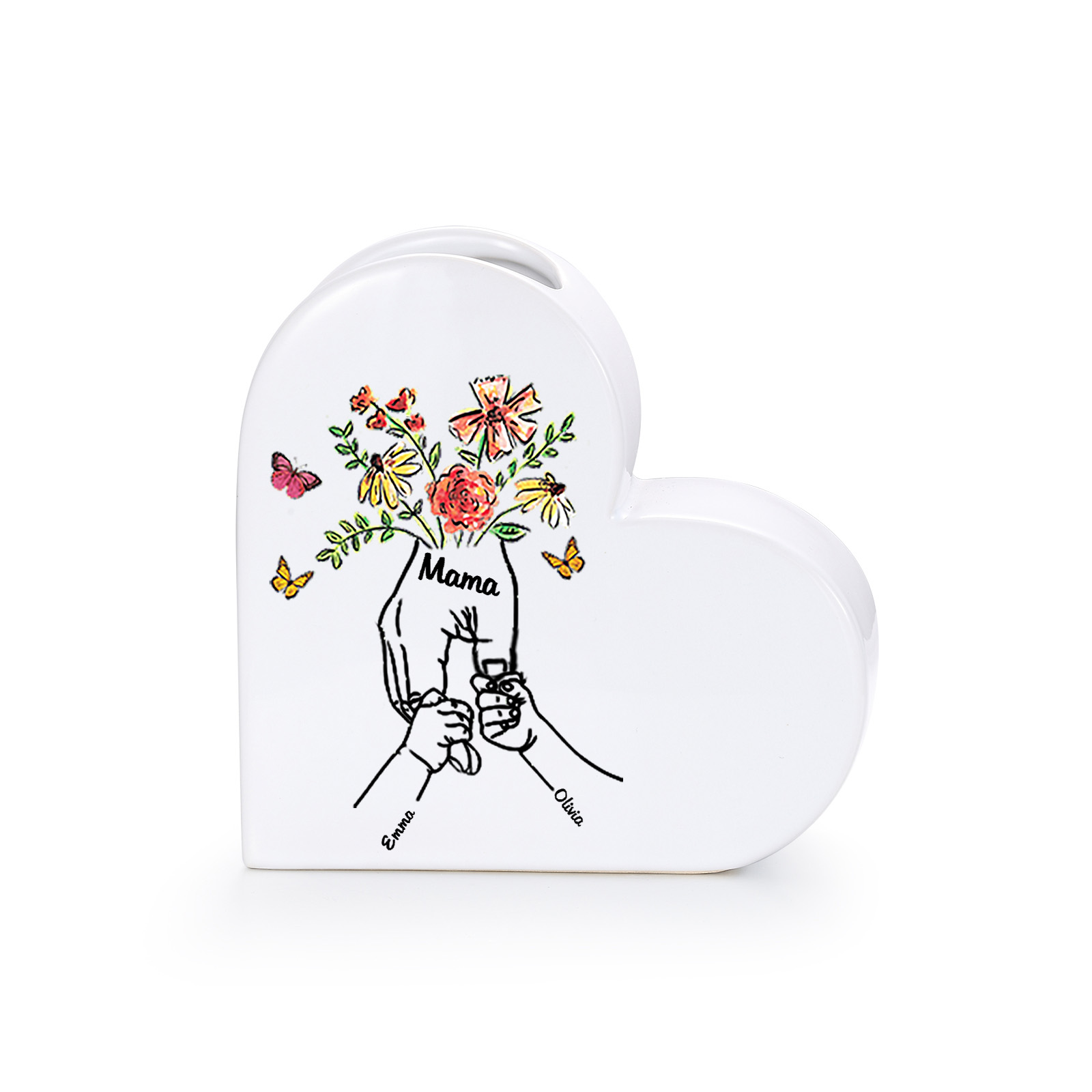 Personalized ceramic heart vase custom with text and 2–8 children’s names