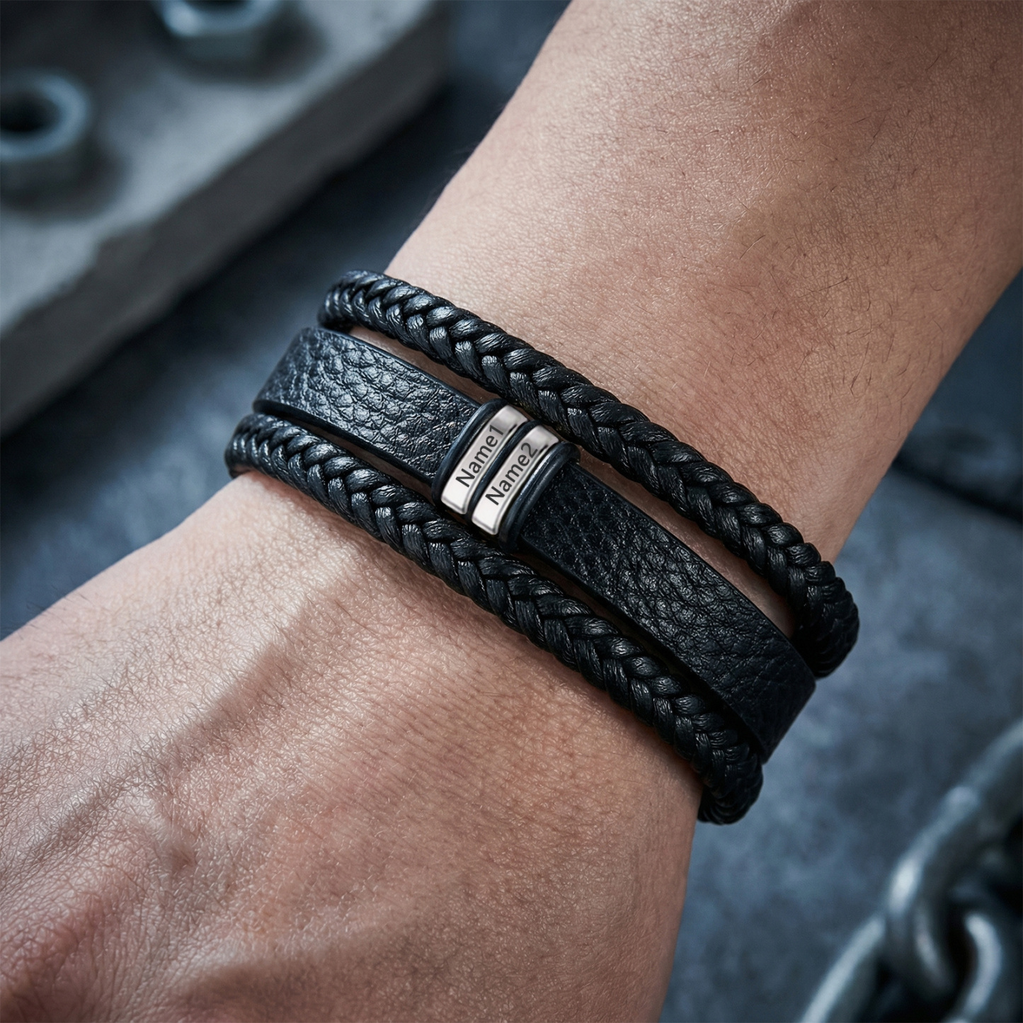 Personalized Braided Leather Bracelet for Men Custom with 2–6 Names Engraved