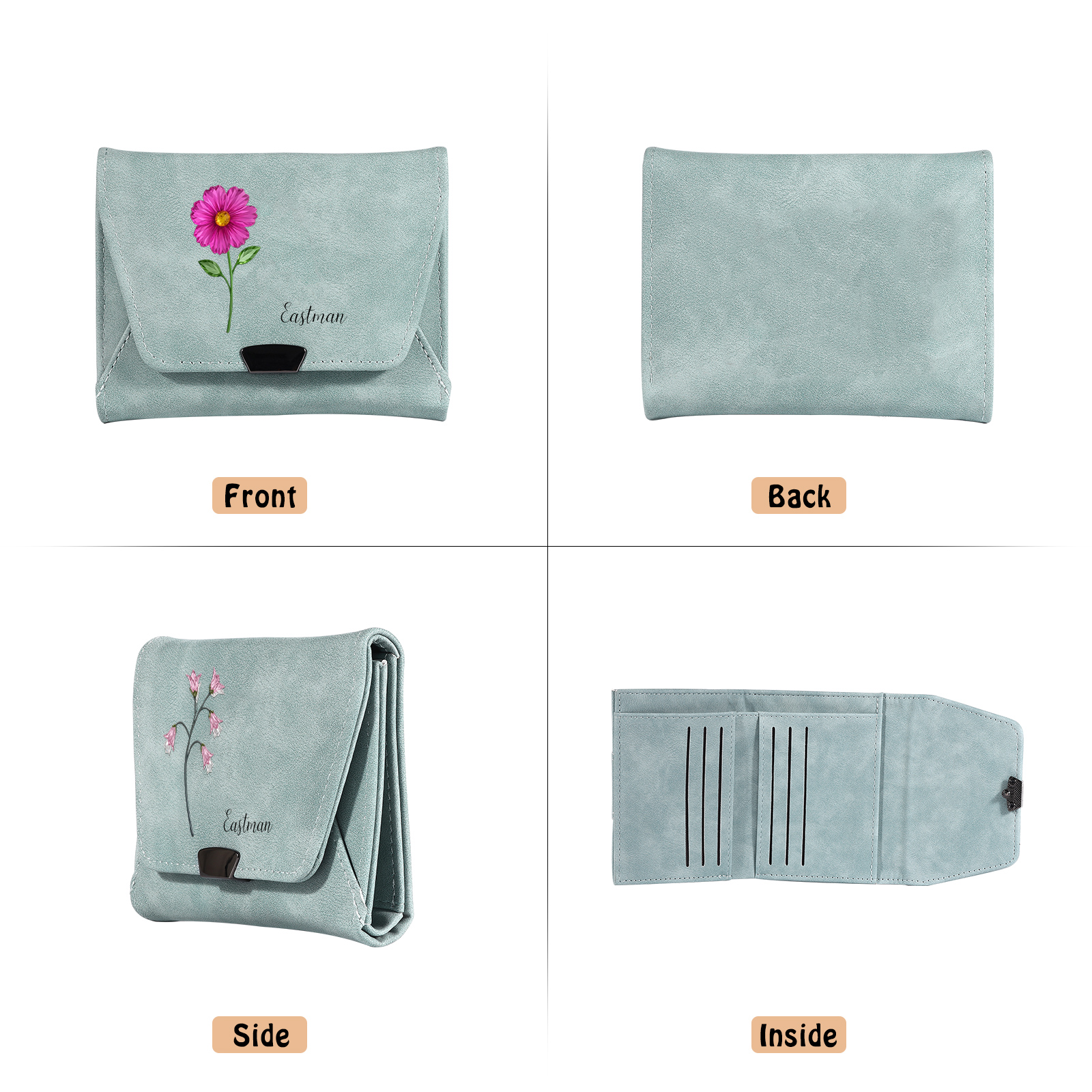 Personalized Women Leather Wallet Custom With Birth Flower And Name