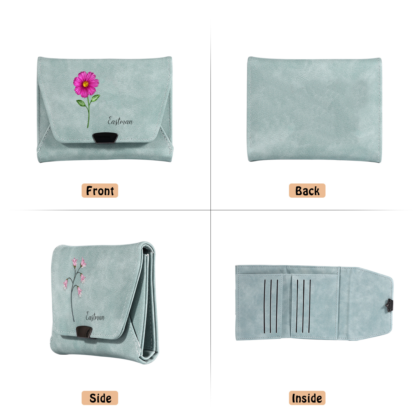 Personalized Women Leather Wallet Custom With Birth Flower And Name