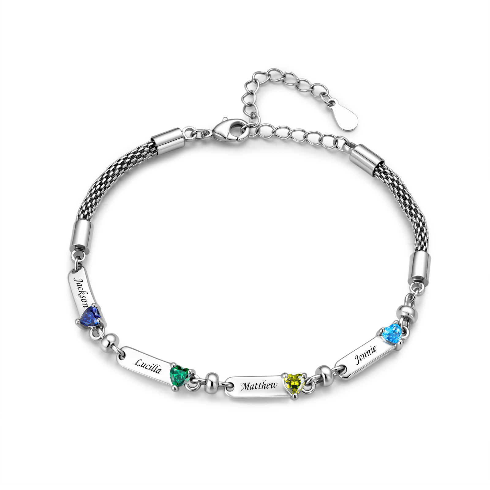 Personalized Braided Bracelet Customized With 1-5 Names And Heart-Shaped Birthstones