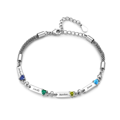Personalized Braided Bracelet Customized With 1-5 Names And Heart-Shaped Birthstones