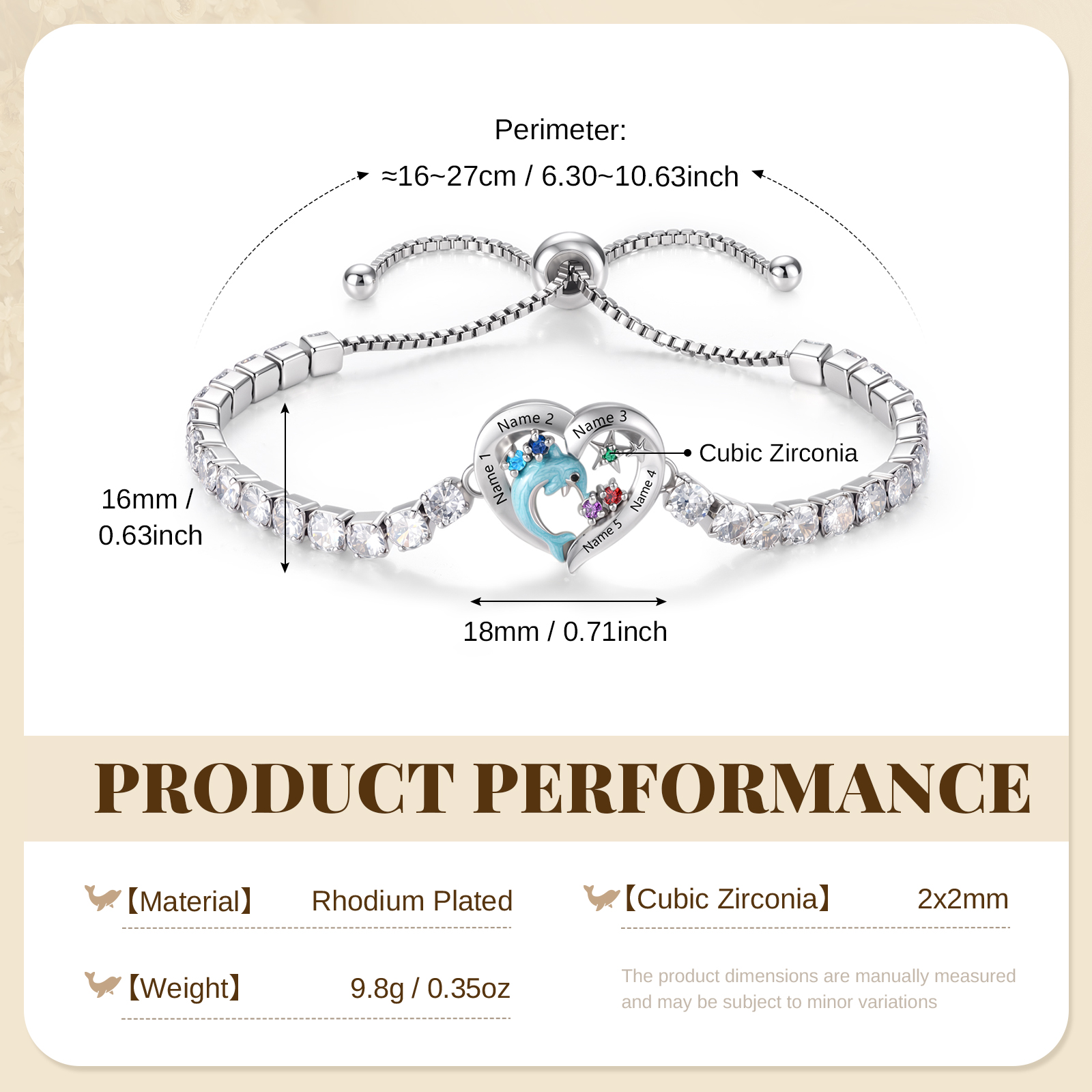 Personalized Dolphin Heart Bracelet with 2–5 Names & Birthstones for Women