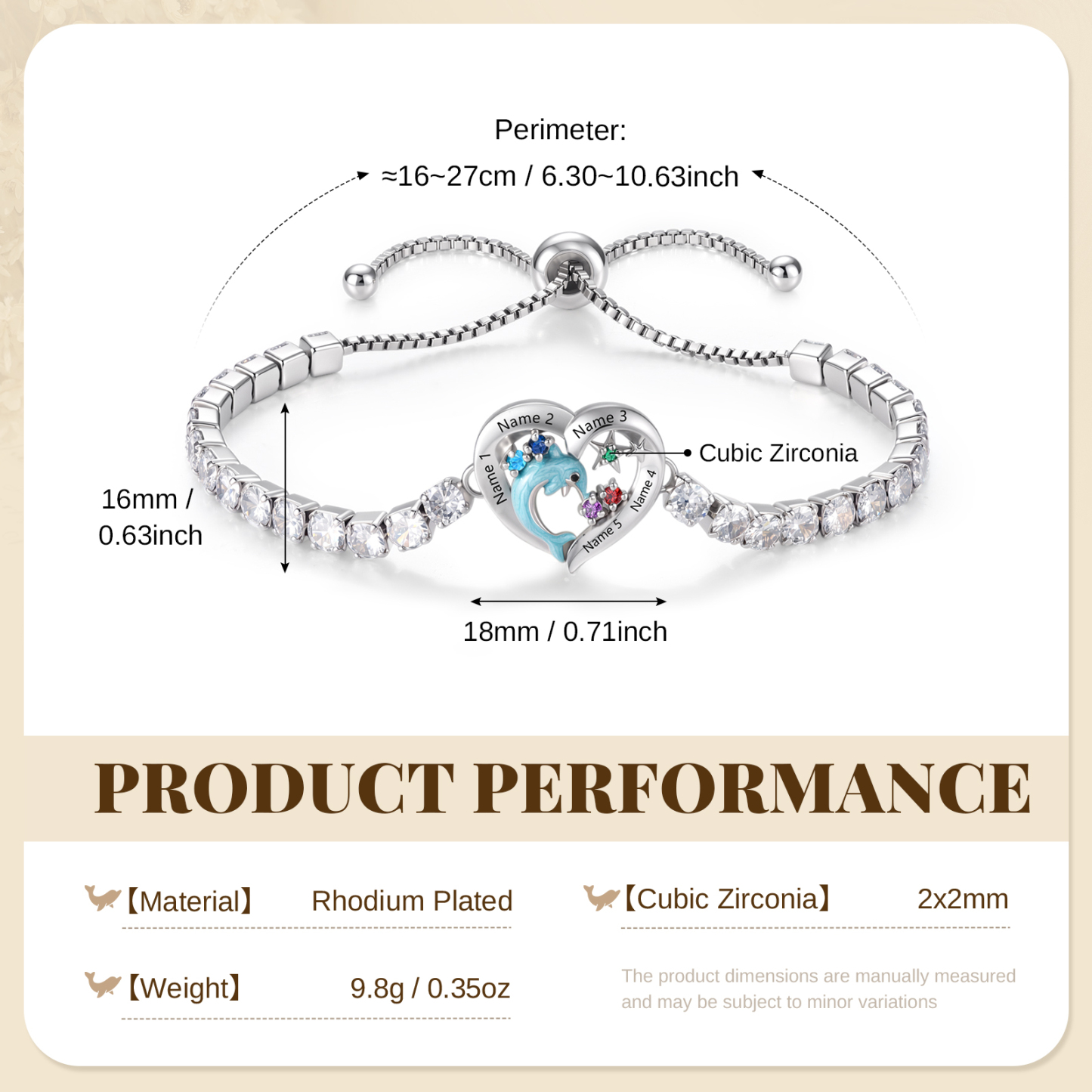 Personalized Dolphin Heart Bracelet with 2–5 Names & Birthstones for Women