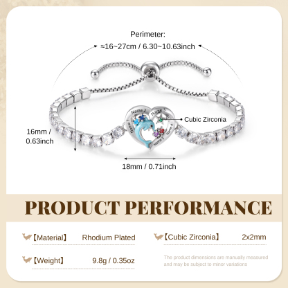 Personalized Dolphin Heart Bracelet with 2–5 Names & Birthstones for Women