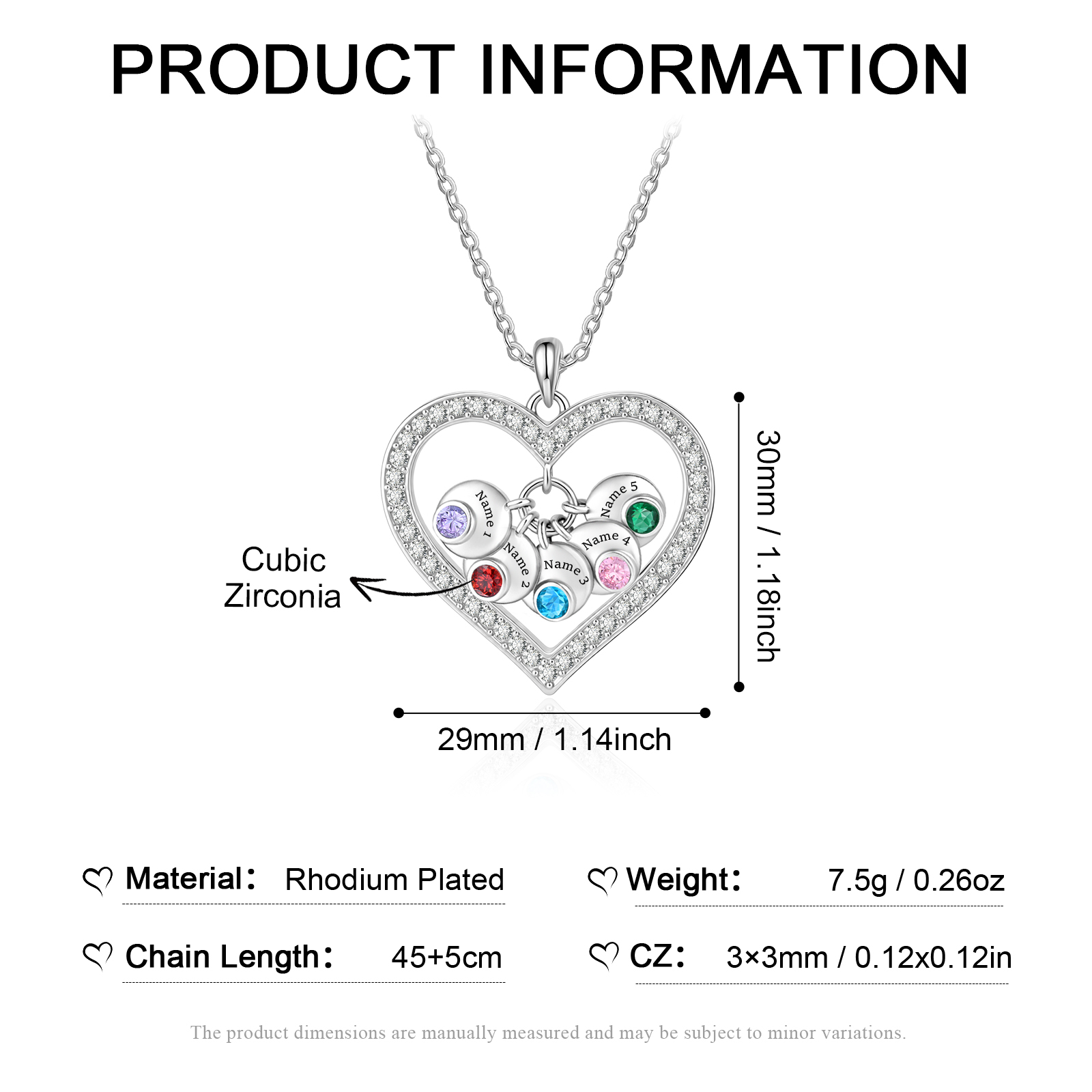 Personalized Heart Pendant Necklace Custom With 1-5 Names Birthstones