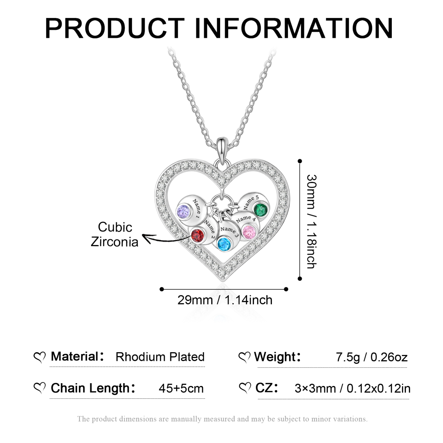 Personalized Heart Pendant Necklace Custom With 1-5 Names Birthstones