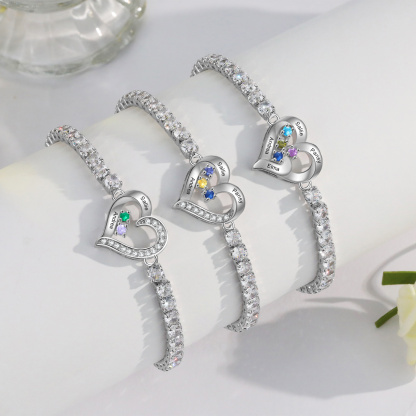 Personalized Heart Bracelet with 2-4 Names & CZ Birthstones – Custom Rhodium Plated Gift for Her | Jessemade