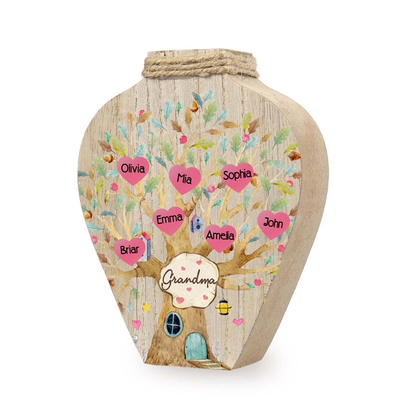 7 Names - Personalized Custom Text and Name Wooden Ornament Vase for Grandma
